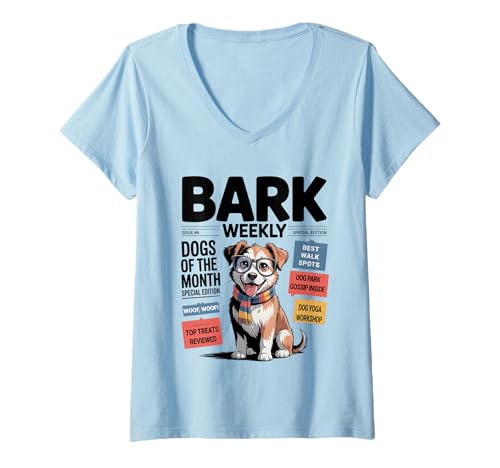 Damen Bark Weekly – Dogs of The Month Funny Magazin Style T-Shirt mit V-Ausschnitt Damen Bark Weekly – Dogs of The Month Funny Magazin Style T-Shirt mit V-Ausschnitt von Hunde Mama und Hundepapa Outfits