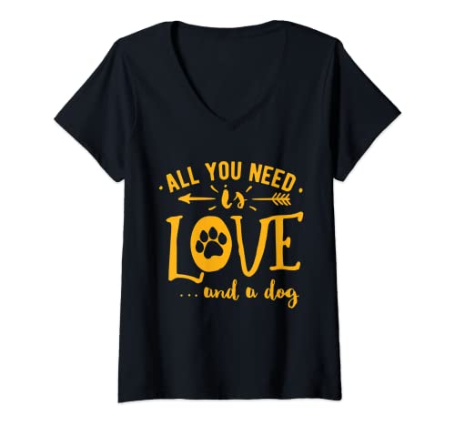 Damen Hundemotiv mit Hunde-Spruch "All you need is love and a dog" T-Shirt mit V-Ausschnitt Damen Hundemotiv mit Hunde-Spruch "All you need is love and a dog" T-Shirt mit V-Ausschnitt von Hunde Motive mit Hundespruch - Dog Fashion