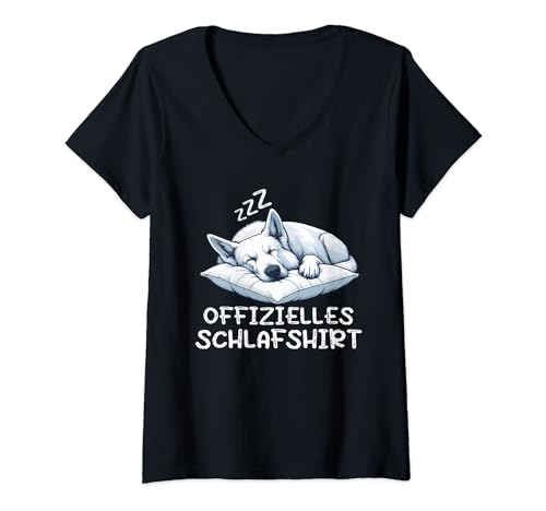 Damen Offizielles Schlafshirt Weißer Schäferhund Schäferhunde T-Shirt mit V-Ausschnitt von Hunde züchter Motiv Hundeliebhaber Hundebesitzer