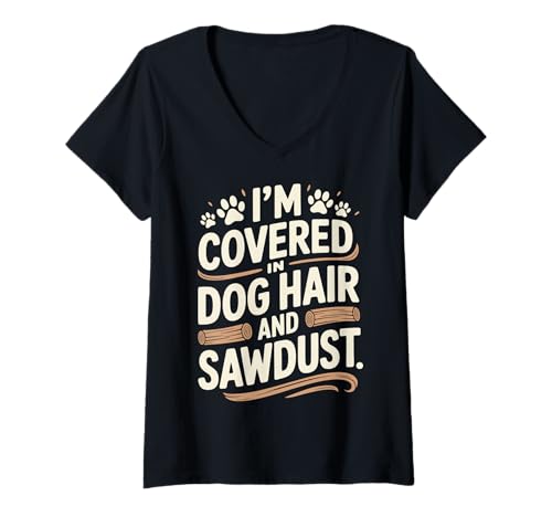 Damen I'm Covered In Dog Hair and Sawdust Holzwerkstatt T-Shirt mit V-Ausschnitt Damen I'm Covered In Dog Hair and Sawdust Holzwerkstatt T-Shirt mit V-Ausschnitt von Hundebesitzer Holzarbeiter Zimmermann