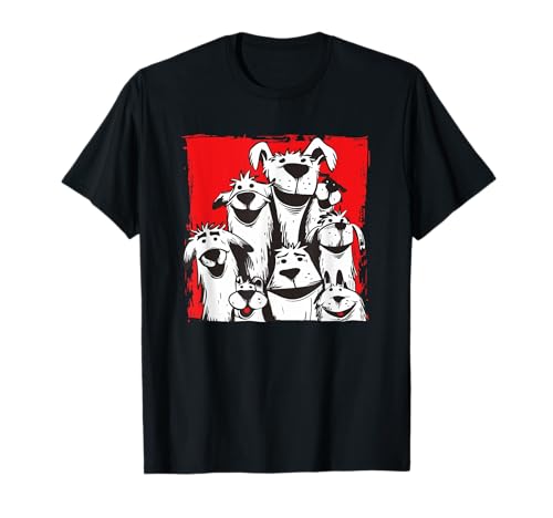 Hundeillustrationen by mischga - Lustige Hunde Gruppe Comic Hundeliebe T-Shirt - Unisex Erwachsene & Kinder - Schwarz - Small - Kurzarm - Novelty Cartoon Hundeliebe T-Shirt - Hunde - Alltagslook von Hundeillustrationen by mischga