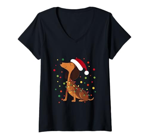 Damen Weihnachtsshirt Hund mit Weihnachtsmütze Süßes Damen Hunde T-Shirt mit V-Ausschnitt Damen Weihnachtsshirt Hund mit Weihnachtsmütze Süßes Damen Hunde T-Shirt mit V-Ausschnitt von Hundeliebhaber Hunde Fan Geschenkidee Nikolaus