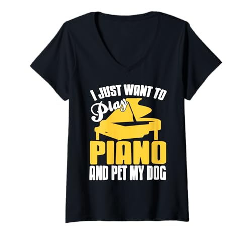Damen Klavier Spielen Und Hund Streicheln Lustig Musik T-Shirt mit V-Ausschnitt von Hundeliebhaber Pianisten Stil