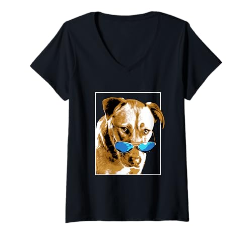 Damen Hund mit Sonnenbrille Cooles Hundemotiv Vintage T-Shirt mit V-Ausschnitt Damen Hund mit Sonnenbrille Cooles Hundemotiv Vintage T-Shirt mit V-Ausschnitt von Hundemotive mit Sonnenbrille
