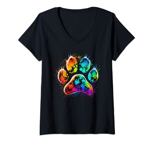 Damen Hundetatzen-Druck-niedlicher Hundeliebhaber bunt T-Shirt mit V-Ausschnitt Damen Hundetatzen-Druck-niedlicher Hundeliebhaber bunt T-Shirt mit V-Ausschnitt von Hundepfoten-Druck-bunte niedliche JingleDesigns