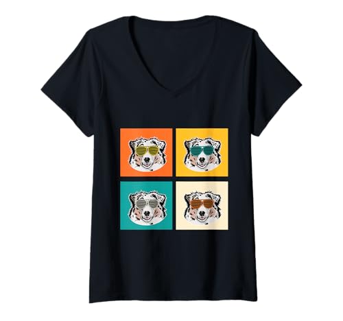 Damen Hund Australian Shepherd T-Shirt mit V-Ausschnitt Damen Hund Australian Shepherd T-Shirt mit V-Ausschnitt von Hunderasse Australian Shepherd