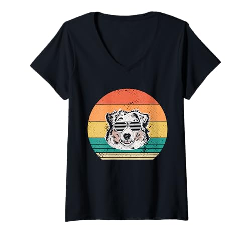 Damen Hund Australian Shepherd T-Shirt mit V-Ausschnitt Damen Hund Australian Shepherd T-Shirt mit V-Ausschnitt von Hunderasse Australian Shepherd