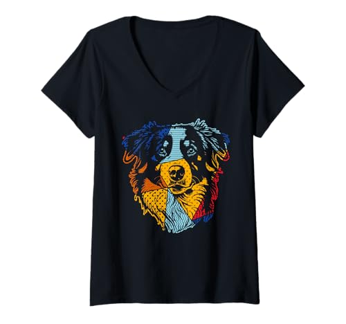 Damen Hund Australian Shepherd T-Shirt mit V-Ausschnitt Damen Hund Australian Shepherd T-Shirt mit V-Ausschnitt von Hunderasse Australian Shepherd