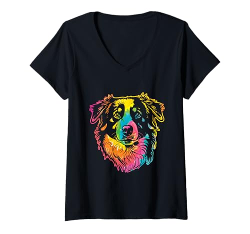 Damen Hund Australian Shepherd T-Shirt mit V-Ausschnitt Damen Hund Australian Shepherd T-Shirt mit V-Ausschnitt von Hunderasse Australian Shepherd
