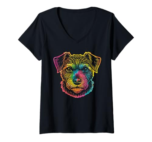 Damen Hund Border Terrier T-Shirt mit V-Ausschnitt Damen Hund Border Terrier T-Shirt mit V-Ausschnitt von Hunderasse Border Terrier