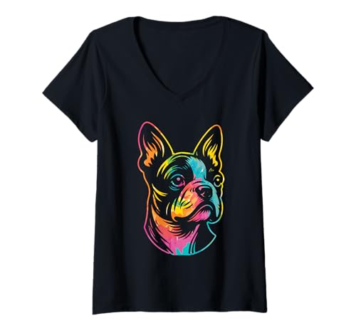 Damen Hund Boston Terrier T-Shirt mit V-Ausschnitt Damen Hund Boston Terrier T-Shirt mit V-Ausschnitt von Hunderasse Boston Terrier
