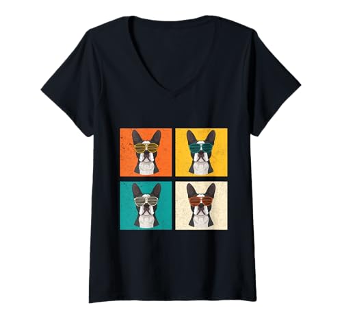 Damen Hund Boston Terrier T-Shirt mit V-Ausschnitt Damen Hund Boston Terrier T-Shirt mit V-Ausschnitt von Hunderasse Boston Terrier