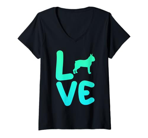 Damen Hund Boston Terrier T-Shirt mit V-Ausschnitt Damen Hund Boston Terrier T-Shirt mit V-Ausschnitt von Hunderasse Boston Terrier