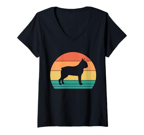 Damen Hund Boston Terrier T-Shirt mit V-Ausschnitt Damen Hund Boston Terrier T-Shirt mit V-Ausschnitt von Hunderasse Boston Terrier