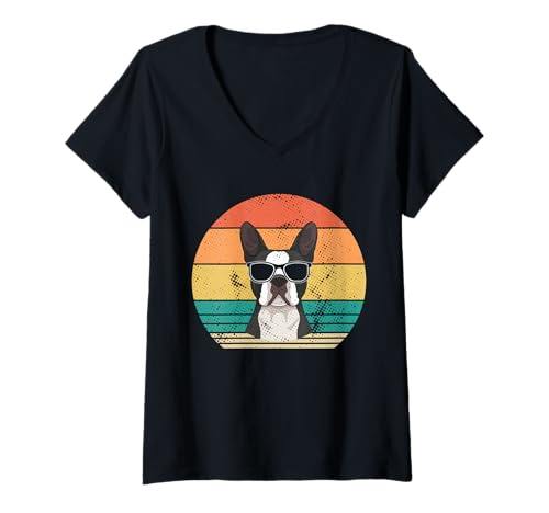 Damen Hund Boston Terrier T-Shirt mit V-Ausschnitt Damen Hund Boston Terrier T-Shirt mit V-Ausschnitt von Hunderasse Boston Terrier
