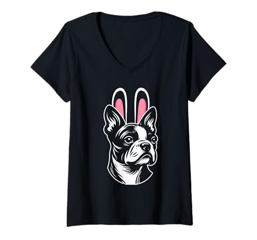 Damen Hund Boston Terrier T-Shirt mit V-Ausschnitt Damen Hund Boston Terrier T-Shirt mit V-Ausschnitt von Hunderasse Boston Terrier
