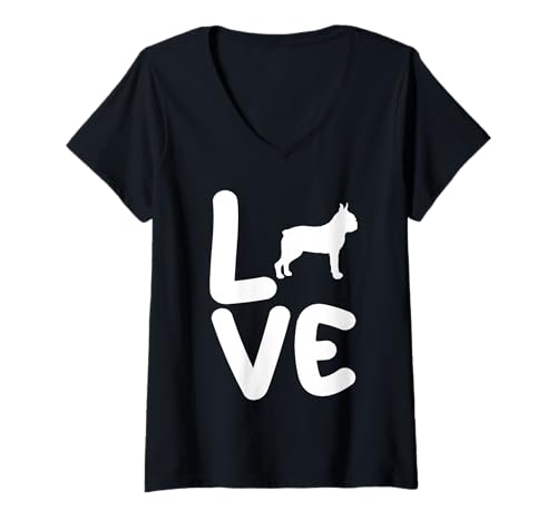 Damen Hund Boston Terrier T-Shirt mit V-Ausschnitt Damen Hund Boston Terrier T-Shirt mit V-Ausschnitt von Hunderasse Boston Terrier