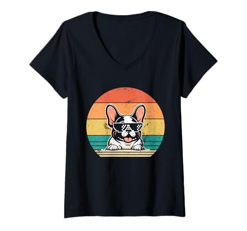 Damen Hund Französische Bulldogge T-Shirt mit V-Ausschnitt Damen Hund Französische Bulldogge T-Shirt mit V-Ausschnitt von Hunderasse Französische Bulldogge