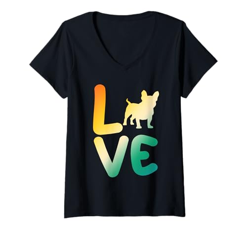 Damen Hund Französische Bulldogge T-Shirt mit V-Ausschnitt Damen Hund Französische Bulldogge T-Shirt mit V-Ausschnitt von Hunderasse Französische Bulldogge