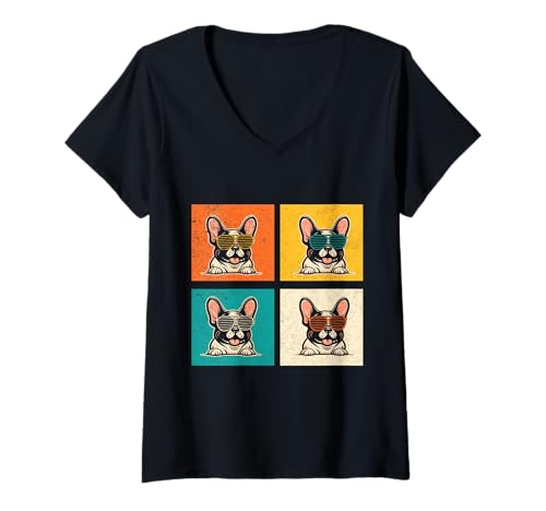 Damen Hund Französische Bulldogge T-Shirt mit V-Ausschnitt Damen Hund Französische Bulldogge T-Shirt mit V-Ausschnitt von Hunderasse Französische Bulldogge