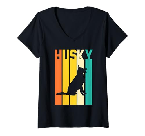 Damen Hund Husky T-Shirt mit V-Ausschnitt Damen Hund Husky T-Shirt mit V-Ausschnitt von Hunderasse Husky