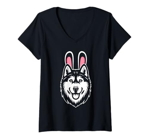 Damen Hund Husky T-Shirt mit V-Ausschnitt Damen Hund Husky T-Shirt mit V-Ausschnitt von Hunderasse Husky