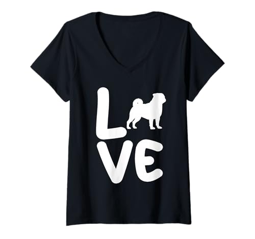 Damen Hund Mops T-Shirt mit V-Ausschnitt Damen Hund Mops T-Shirt mit V-Ausschnitt von Hunderasse Mops