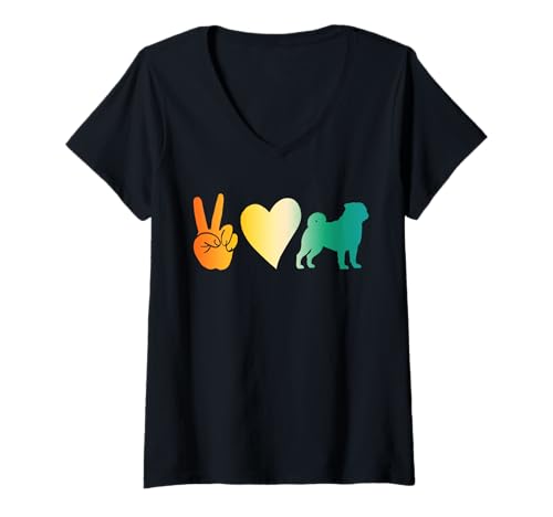 Damen Hund Mops T-Shirt mit V-Ausschnitt Damen Hund Mops T-Shirt mit V-Ausschnitt von Hunderasse Mops
