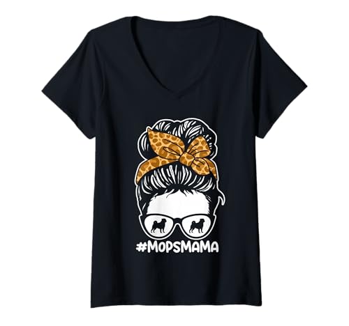 Damen Hund Mops T-Shirt mit V-Ausschnitt Damen Hund Mops T-Shirt mit V-Ausschnitt von Hunderasse Mops