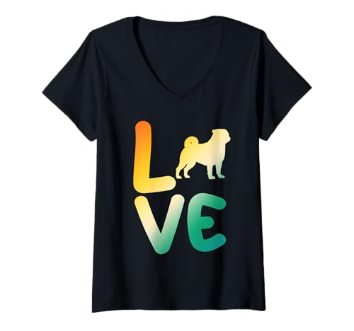Damen Hund Mops T-Shirt mit V-Ausschnitt Damen Hund Mops T-Shirt mit V-Ausschnitt von Hunderasse Mops