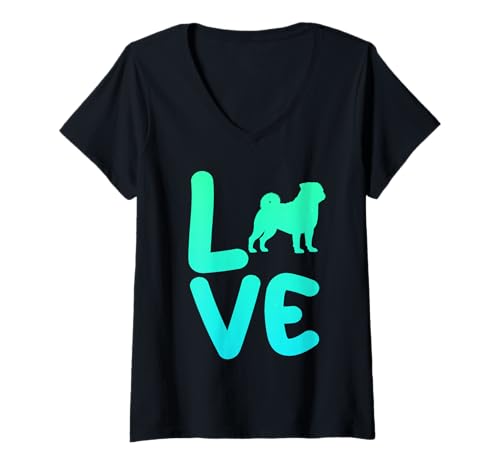 Damen Hund Mops T-Shirt mit V-Ausschnitt Damen Hund Mops T-Shirt mit V-Ausschnitt von Hunderasse Mops