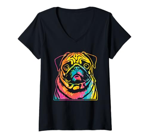 Damen Hund Mops T-Shirt mit V-Ausschnitt Damen Hund Mops T-Shirt mit V-Ausschnitt von Hunderasse Mops