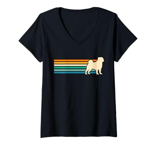 Damen Hund Mops T-Shirt mit V-Ausschnitt Damen Hund Mops T-Shirt mit V-Ausschnitt von Hunderasse Mops