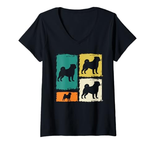 Damen Hund Mops T-Shirt mit V-Ausschnitt Damen Hund Mops T-Shirt mit V-Ausschnitt von Hunderasse Mops