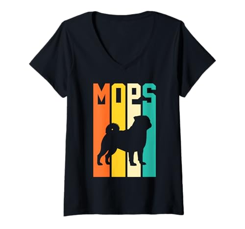 Damen Hund Mops T-Shirt mit V-Ausschnitt Damen Hund Mops T-Shirt mit V-Ausschnitt von Hunderasse Mops