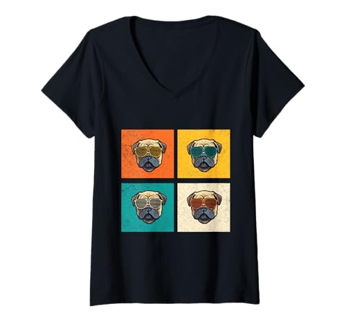 Damen Hund Mops T-Shirt mit V-Ausschnitt Damen Hund Mops T-Shirt mit V-Ausschnitt von Hunderasse Mops