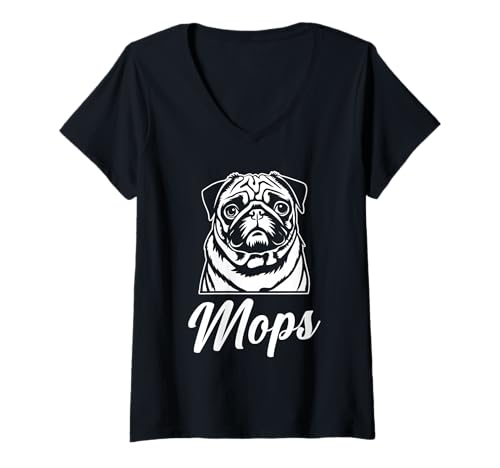 Damen Hund Mops T-Shirt mit V-Ausschnitt Damen Hund Mops T-Shirt mit V-Ausschnitt von Hunderasse Mops