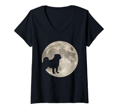 Damen Hund Mops T-Shirt mit V-Ausschnitt Damen Hund Mops T-Shirt mit V-Ausschnitt von Hunderasse Mops