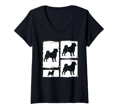 Damen Hund Mops T-Shirt mit V-Ausschnitt Damen Hund Mops T-Shirt mit V-Ausschnitt von Hunderasse Mops