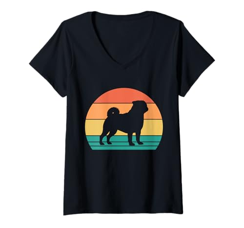 Damen Hund Mops T-Shirt mit V-Ausschnitt Damen Hund Mops T-Shirt mit V-Ausschnitt von Hunderasse Mops