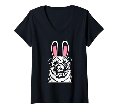 Damen Hund Mops T-Shirt mit V-Ausschnitt Damen Hund Mops T-Shirt mit V-Ausschnitt von Hunderasse Mops