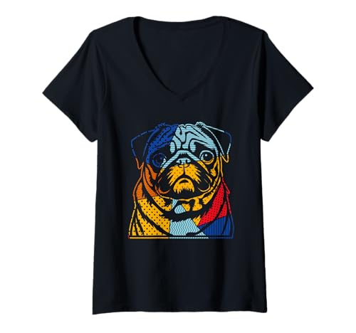 Damen Hund Mops T-Shirt mit V-Ausschnitt Damen Hund Mops T-Shirt mit V-Ausschnitt von Hunderasse Mops