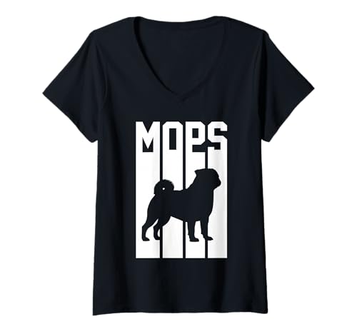 Damen Hund Mops T-Shirt mit V-Ausschnitt Damen Hund Mops T-Shirt mit V-Ausschnitt von Hunderasse Mops