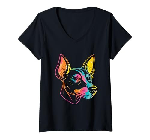 Damen Hund Pinscher T-Shirt mit V-Ausschnitt Damen Hund Pinscher T-Shirt mit V-Ausschnitt von Hunderasse Pinscher