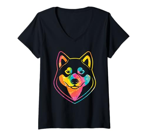 Damen Hund Shiba Inu T-Shirt mit V-Ausschnitt Damen Hund Shiba Inu T-Shirt mit V-Ausschnitt von Hunderasse Shiba Inu