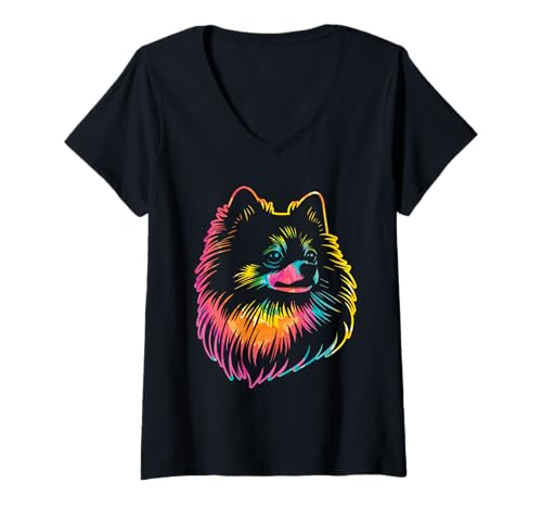 Damen Hund Zwergspitz T-Shirt mit V-Ausschnitt Damen Hund Zwergspitz T-Shirt mit V-Ausschnitt von Hunderasse Zwergspitz