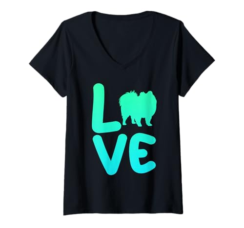 Damen Hund Zwergspitz T-Shirt mit V-Ausschnitt Damen Hund Zwergspitz T-Shirt mit V-Ausschnitt von Hunderasse Zwergspitz