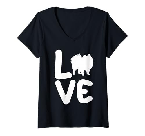 Damen Hund Zwergspitz T-Shirt mit V-Ausschnitt Damen Hund Zwergspitz T-Shirt mit V-Ausschnitt von Hunderasse Zwergspitz