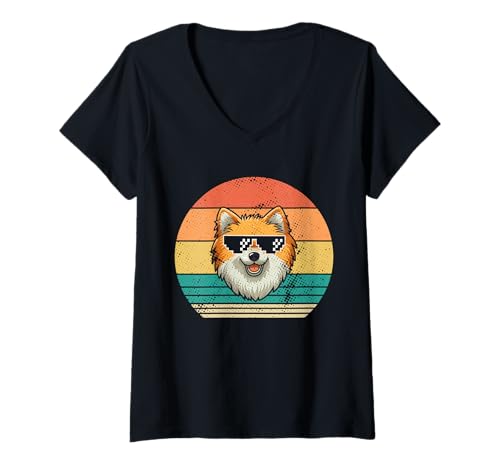Damen Hund Zwergspitz T-Shirt mit V-Ausschnitt Damen Hund Zwergspitz T-Shirt mit V-Ausschnitt von Hunderasse Zwergspitz
