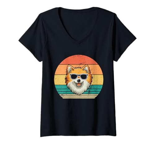 Damen Hund Zwergspitz T-Shirt mit V-Ausschnitt Damen Hund Zwergspitz T-Shirt mit V-Ausschnitt von Hunderasse Zwergspitz